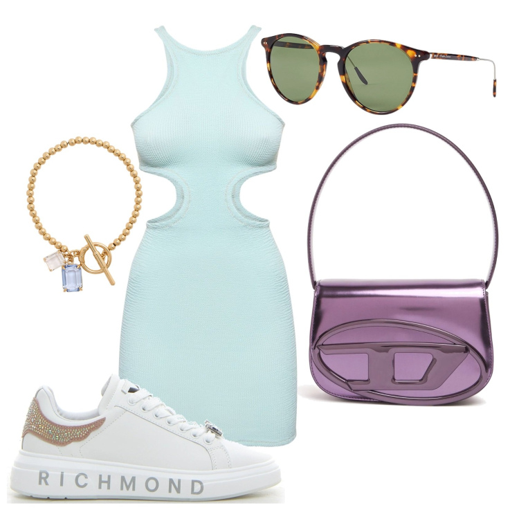 Outfit donna - Il tubino casual. Stile Casual per Serata fuori. Abbinamento con occhiali da sole, braccialetti, vestiti, borse a spalla, sneakers.