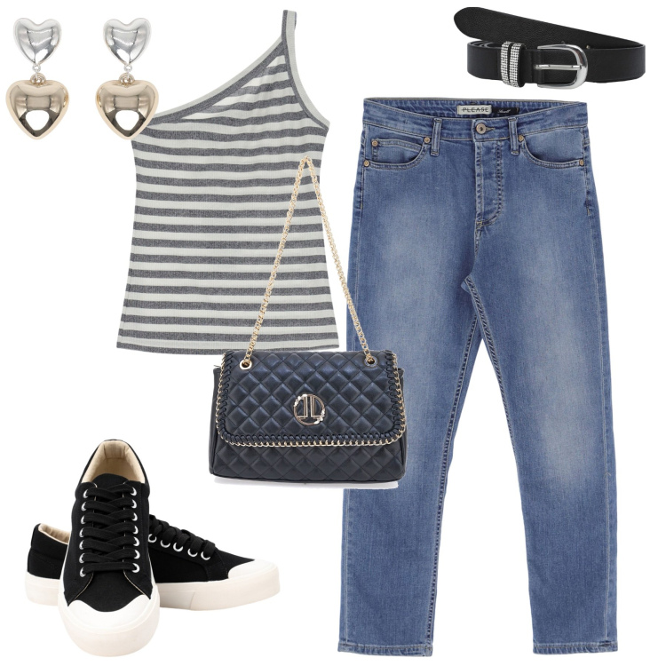 Outfit donna - City. Stile Casual chic per Tutti i giorni. Abbinamento con orecchini, cinture, jeans, top, sneakers, borse a tracolla.