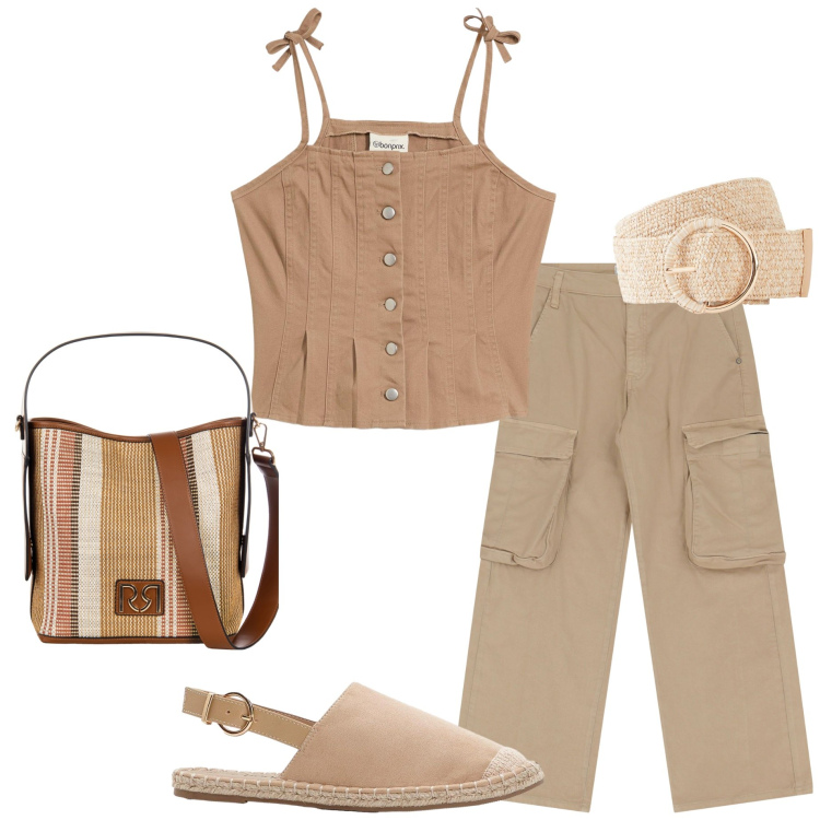 Outfit donna - Look estivo. Stile Casual chic per Tutti i giorni. Abbinamento con top, cinture, espadrillas, borse a secchiello, pantaloni chino.