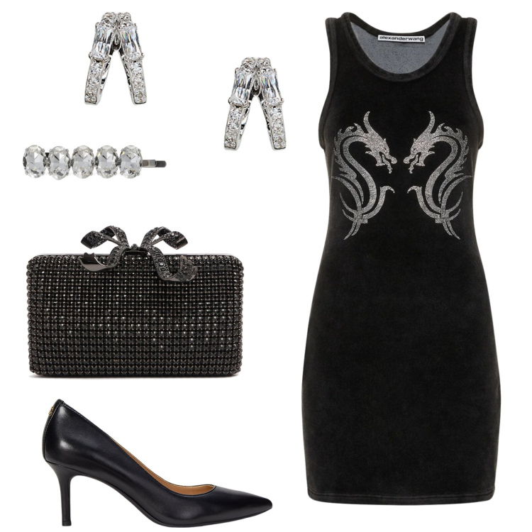 Outfit donna - Occasione formale. Stile Chic per Serata fuori. Abbinamento con orecchini, décolleté, pochette, accessori per capelli, vestiti.