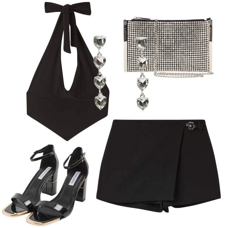 Outfit donna - Serata. Stile Sexy per Serata fuori. Abbinamento con sabot, top, minigonne, orecchini, pochette.