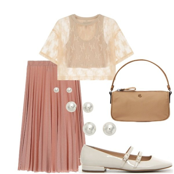 Outfit donna - A cena fuori. Stile Chic per Serata fuori. Abbinamento con gonne, t-shirt, orecchini, pochette, décolleté.