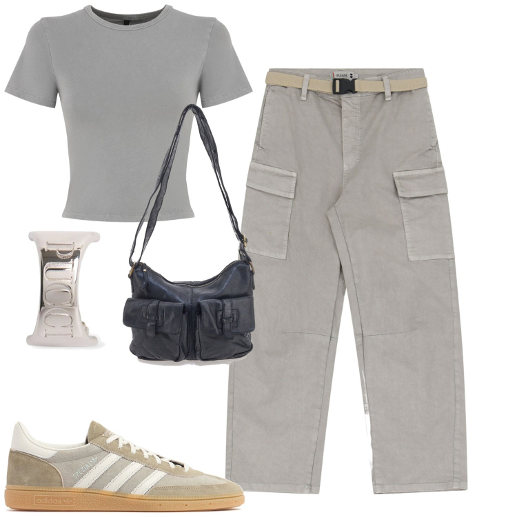 Outfit donna - City. Stile Casual per Tutti i giorni. Abbinamento con pantaloni chino, borse a tracolla, orecchini, t-shirt, sneakers.