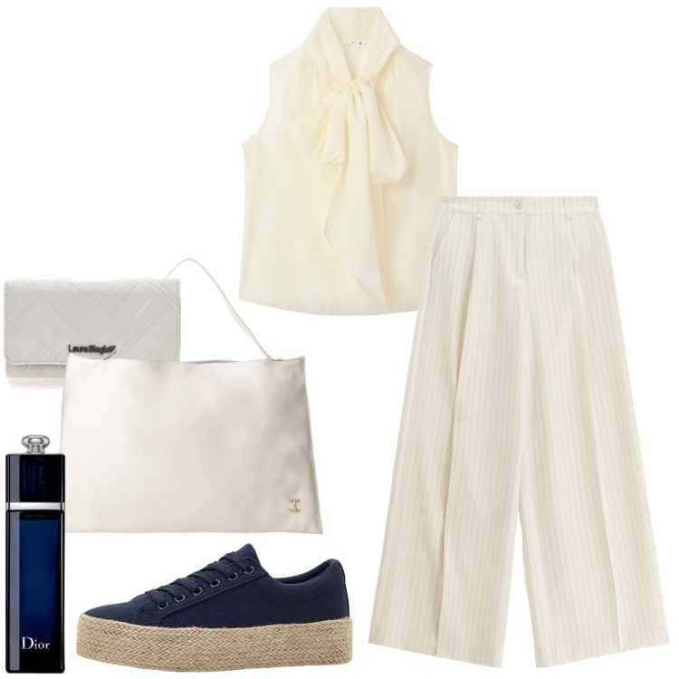 Outfit donna - Lavoro/avorio e blu. Stile Minimal per Ufficio. Abbinamento con sneakers, profumi, bluse, pantaloni a palazzo, borse a spalla, portafogli.