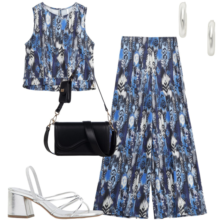 Outfit donna - Imperial. Stile Urban per Tutti i giorni. Abbinamento con sandali col tacco, pochette, top, pantaloni, orecchini.