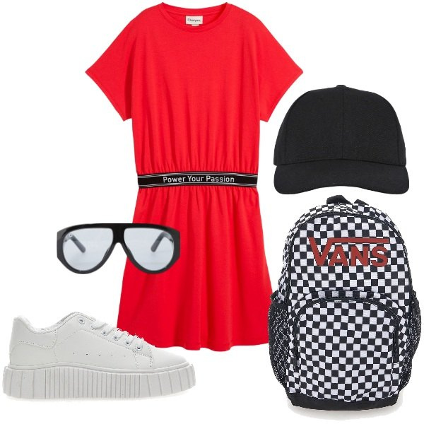 Outfit donna - In vacanza. Stile Basic per Tutti i giorni. Abbinamento con vestiti, cappelli con visiera, occhiali da sole, sneakers, zaini.