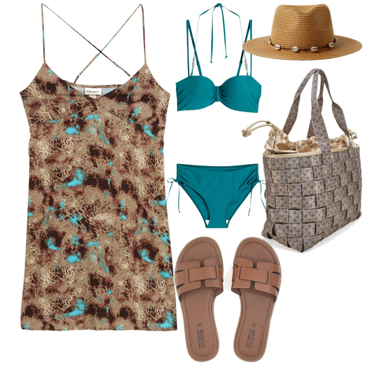 Outfit donna - Al mare. Stile Casual chic per Mare. Abbinamento con bikini, vestiti, cappelli, borse a spalla, ciabatte.