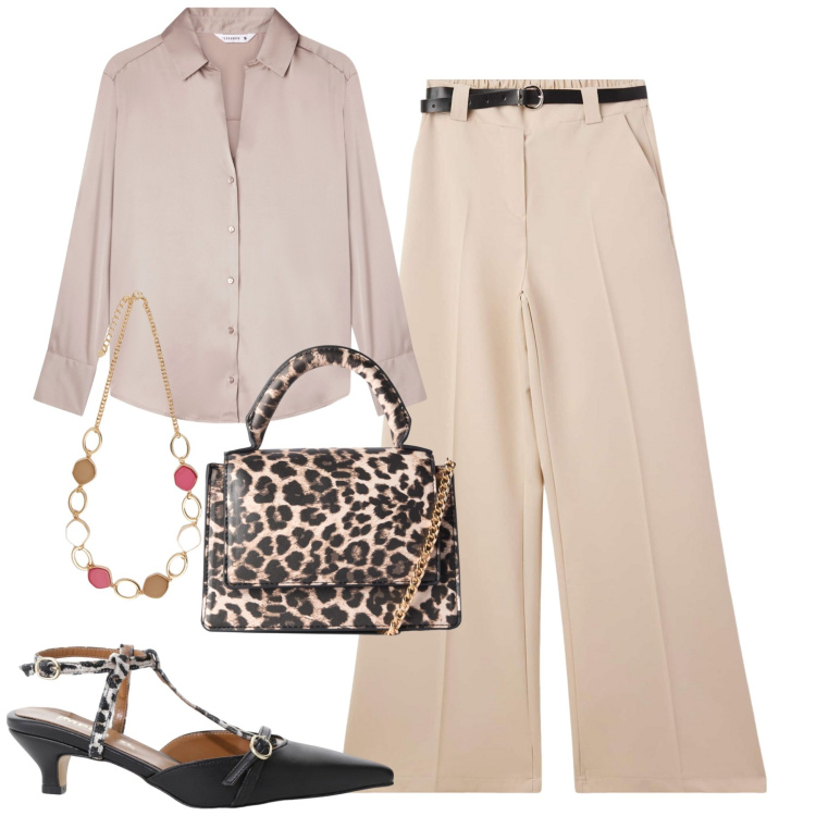 Outfit donna - In ufficio. Stile Urban per Ufficio. Abbinamento con pantaloni, camicie, borse a tracolla, décolleté, collane.