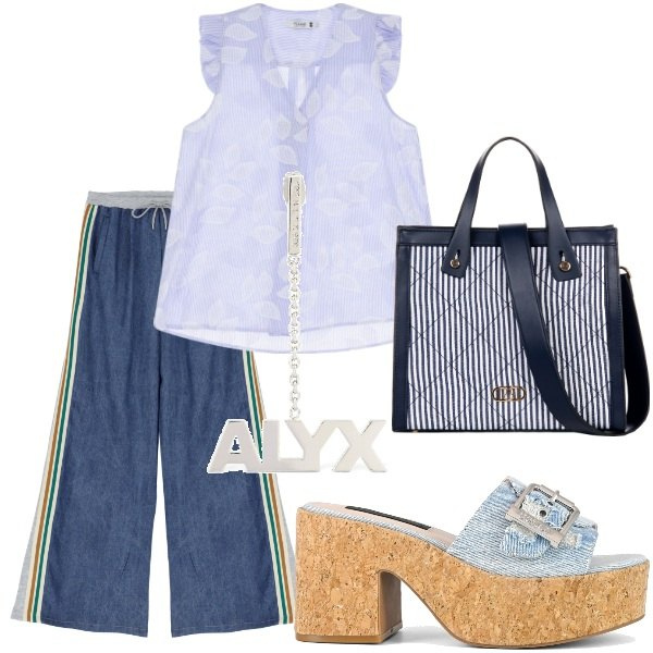 Outfit donna - Di sera ad Agosto. Stile Casual per Serata fuori. Abbinamento con jeans, canottiere, shopping bag, sandali, orecchini.