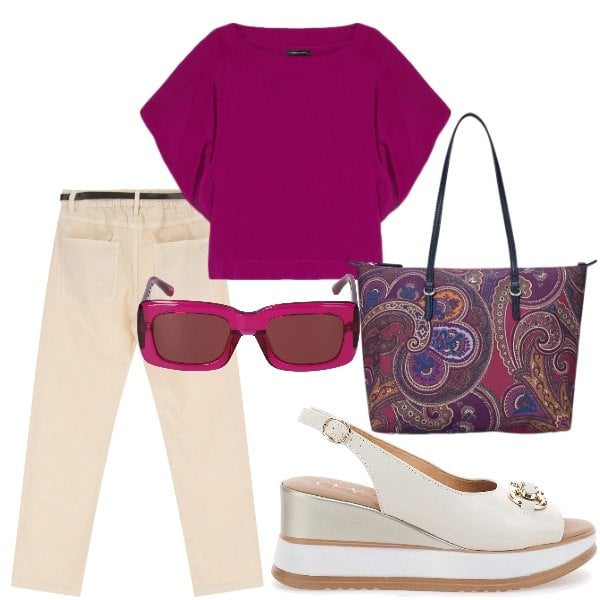 Outfit donna - E siamo in Agosto....... Stile Casual per Tutti i giorni. Abbinamento con pantaloni, borse tote, bluse, sandali in pelle, occhiali da sole.