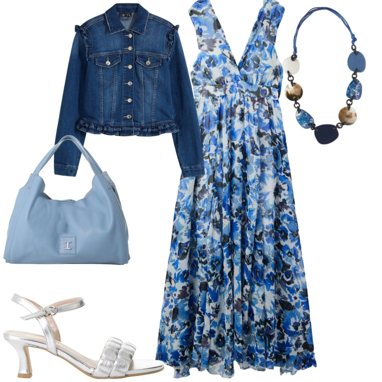 Outfit donna - Fiori estivi. Stile Casual chic per Tutti i giorni. Abbinamento con blazer, vestiti lunghi, sandali col tacco, pochette, collane.