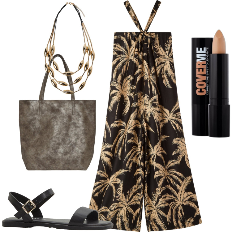 Outfit donna - Palme esotiche. Stile Casual chic per Tutti i giorni. Abbinamento con sandali, correttori, tute, borse tote, collane.