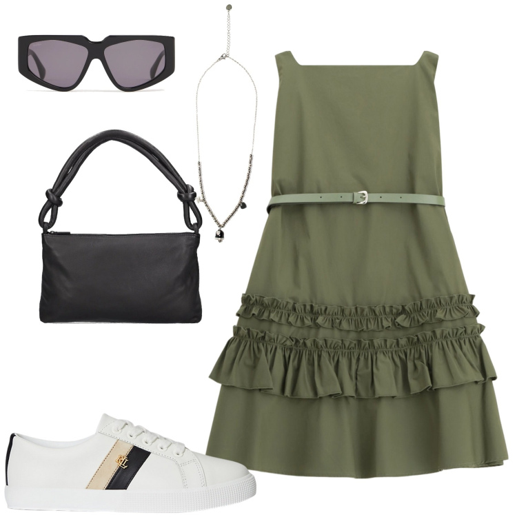 Outfit donna - Verde oliva. Stile Casual chic per Tutti i giorni. Abbinamento con vestiti corti, ciondoli, sneakers, borse a spalla, occhiali da sole.