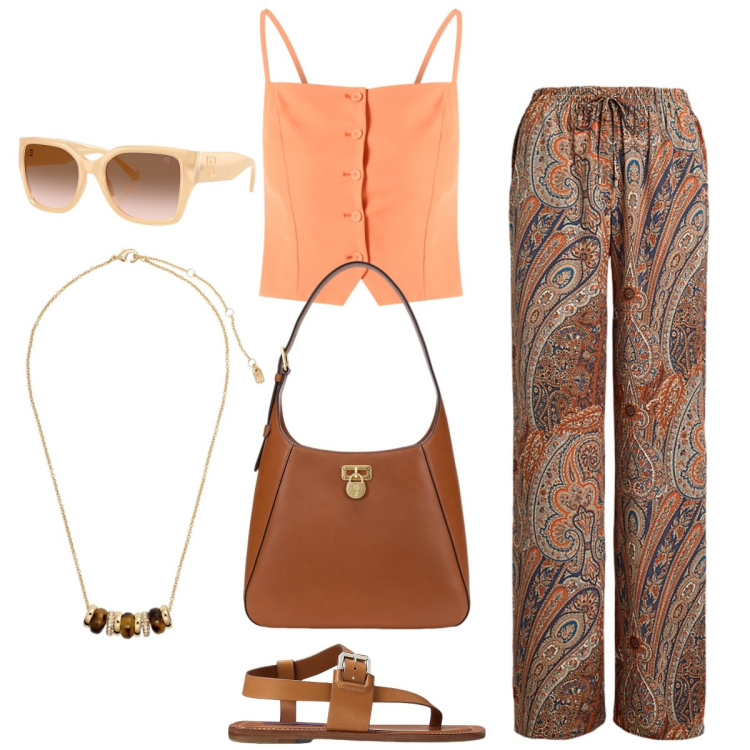 Outfit donna - Total look #2216713. Stile Casual chic per Tutti i giorni. Abbinamento con canottiere, pantaloni, borse a spalla, collane, occhiali da sole, sandali in pelle.