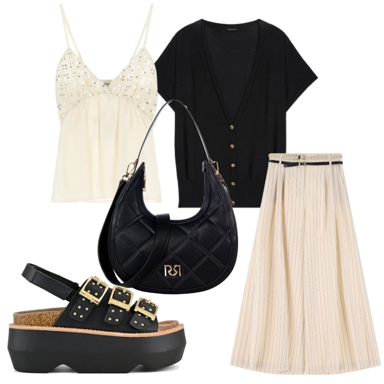 Outfit donna - I sandali particolari. Stile Bon Ton per Tutti i giorni. Abbinamento con borse a tracolla, pantaloni a palazzo, top, cardigans, sandali col tacco.