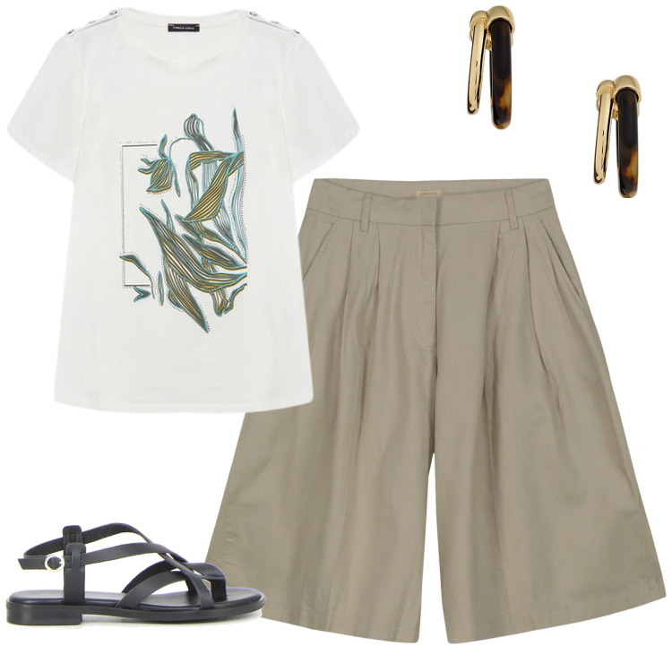 Outfit donna - City. Stile Urban per Tutti i giorni. Abbinamento con orecchini, t-shirt, bermuda, sandali.