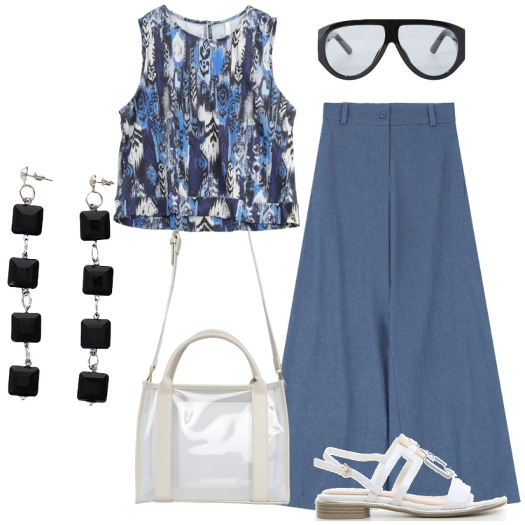 Outfit donna - Total look #2216722. Stile Casual chic per Tutti i giorni. Abbinamento con borse tote, jeans, top, occhiali da sole, orecchini, sandali.