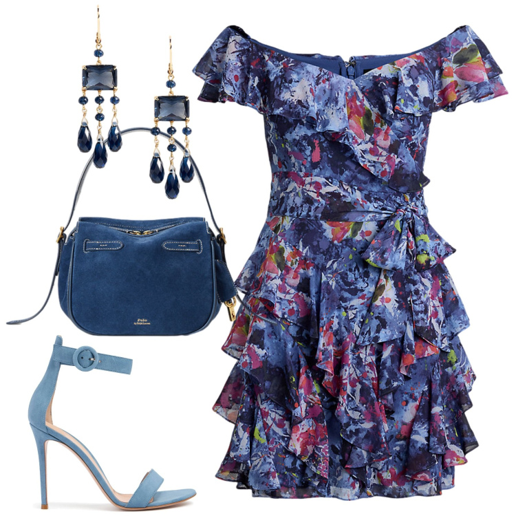 Outfit donna - Serata speciale. Stile Chic per Serata fuori. Abbinamento con vestiti, borse a mano, orecchini, sandali in pelle.
