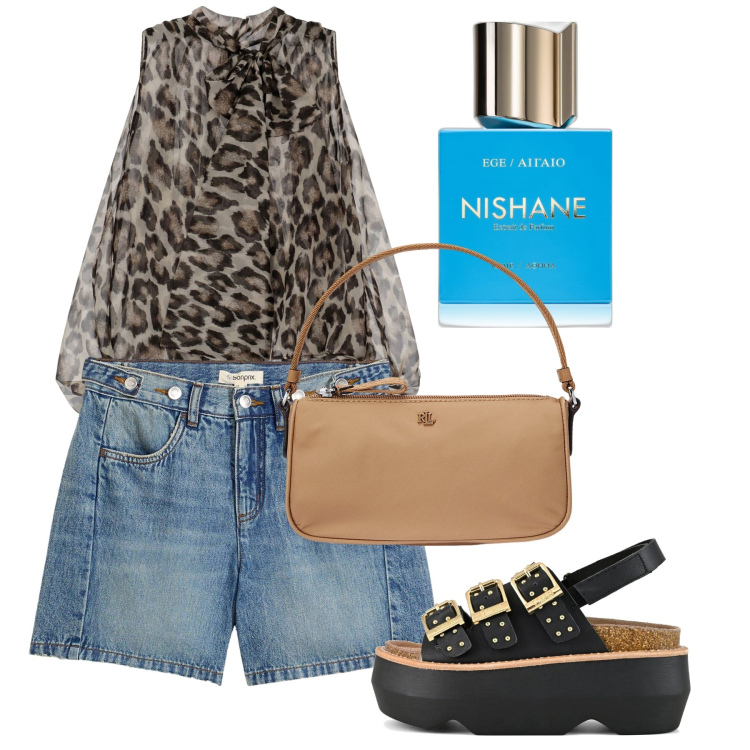 Outfit donna - Agosto leo. Stile Casual chic per Serata fuori. Abbinamento con shorts, profumi, camicie, pochette, sandali col tacco.