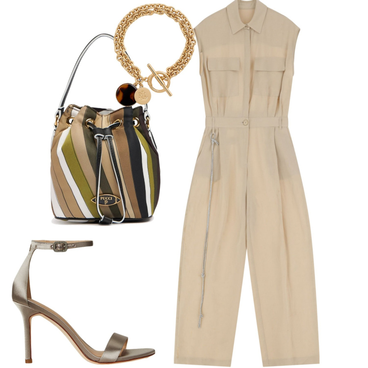 Outfit donna - La tuta versatile. Stile Casual chic per Tutti i giorni. Abbinamento con tute, braccialetti con ciondoli, sandali col tacco, borse a mano.