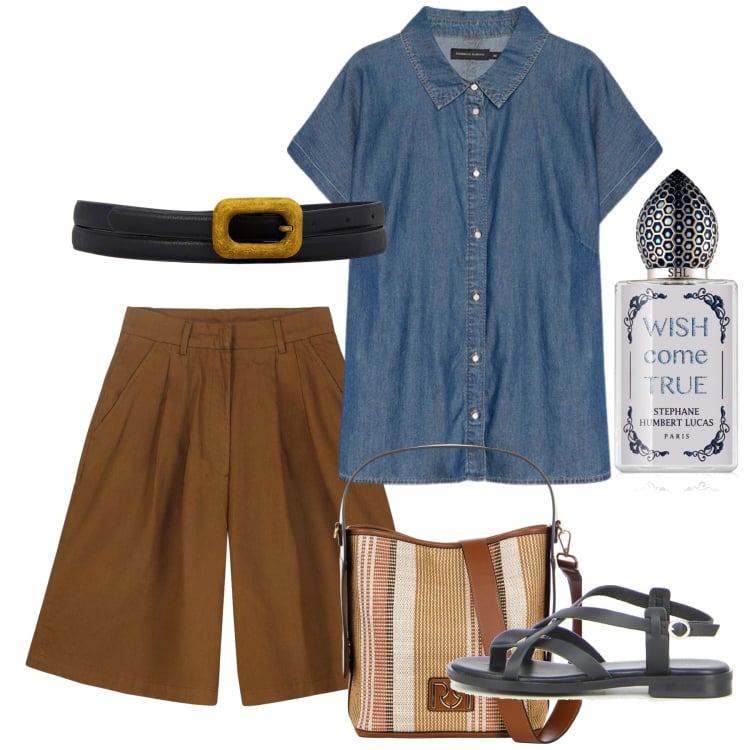 Outfit donna - Agosto. Stile Casual chic per Tutti i giorni. Abbinamento con profumi, borse a secchiello, bermuda, camicie a manica corta, cinture, sandali.