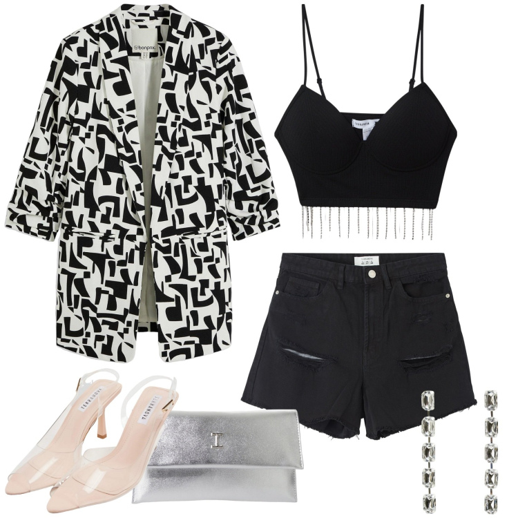 Outfit donna - Serata al mare. Stile Trendy per Serata fuori. Abbinamento con blazer, sandali col tacco, shorts, orecchini, top, pochette.