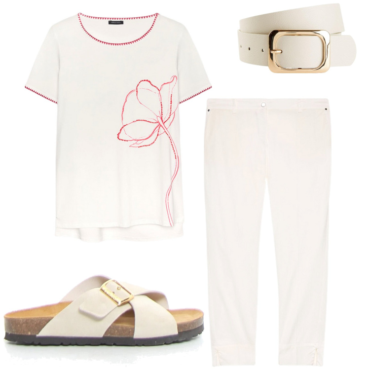 Outfit donna - Casual style. Stile Casual per Tutti i giorni. Abbinamento con cinture, t-shirt, pantaloni chino, ciabatte.