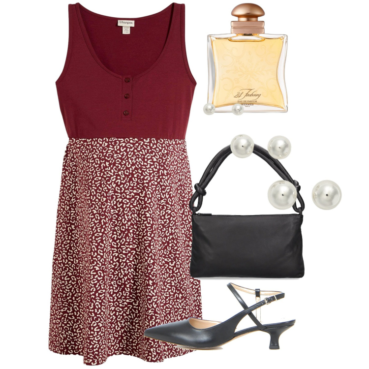 Outfit donna - Sobria eleganza. Stile Chic per Tutti i giorni. Abbinamento con vestiti, profumi, orecchini, borse a spalla, décolleté.