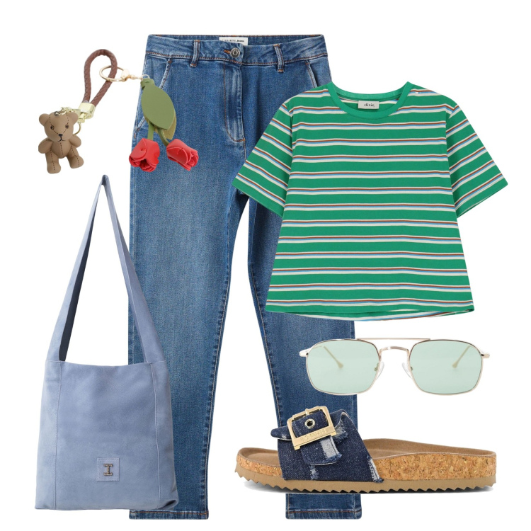 Outfit donna - Sandali versatili!. Stile Casual per Tutti i giorni. Abbinamento con jeans skinny, occhiali da sole, borse a tracolla, t-shirt, ciondoli, sandali.