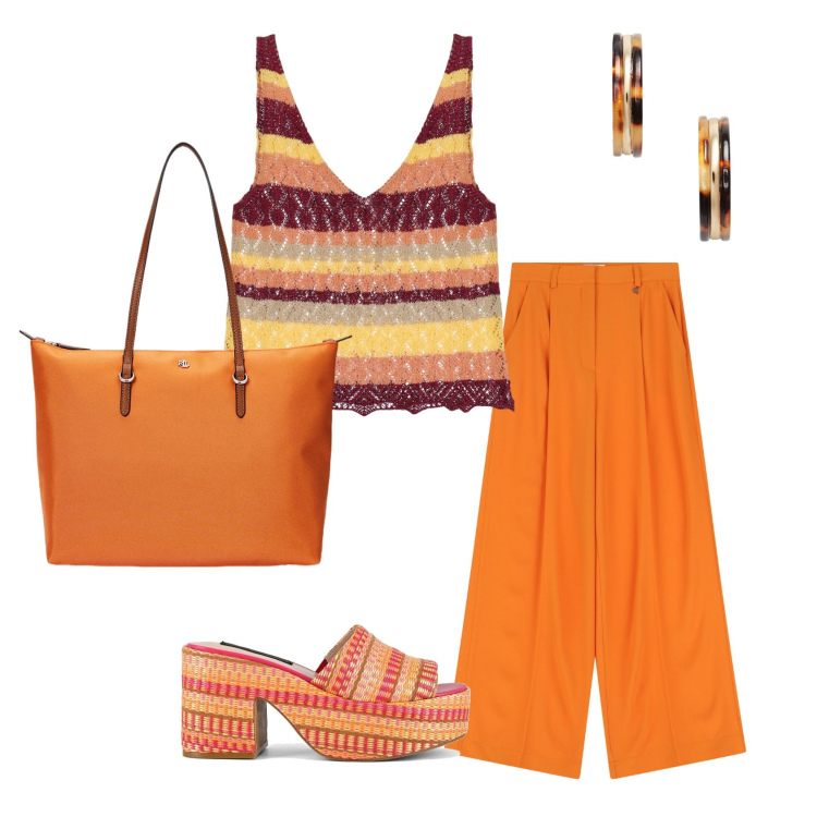 Outfit donna - Total look #2216741. Stile Casual per Tutti i giorni. Abbinamento con top, pantaloni, borse tote, orecchini, zeppe.