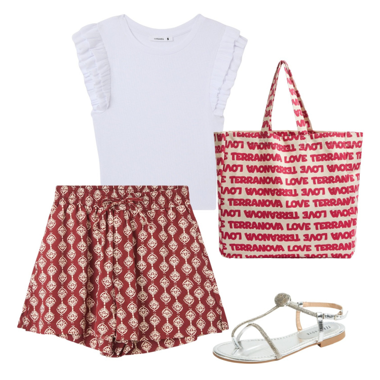 Outfit donna - Total look #2216742. Stile Casual per Mare. Abbinamento con t-shirt, shorts, borse tote, ciabatte.