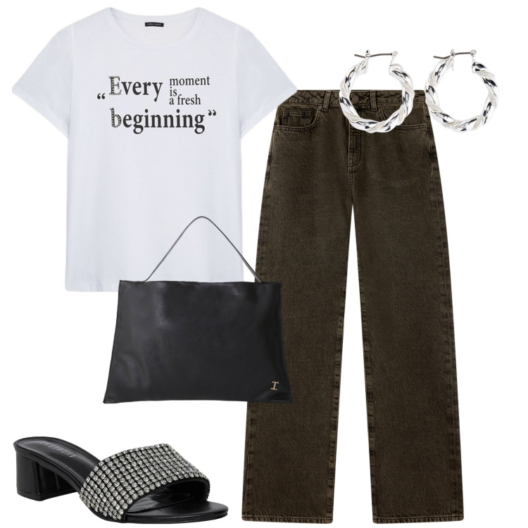 Outfit donna - City. Stile Urban per Tutti i giorni. Abbinamento con orecchini, jeans dritti, ciabatte, borse a spalla, t-shirt.