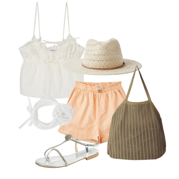 Outfit donna - Le mie tranquille vacanze. Stile Romantica per Tutti i giorni. Abbinamento con pantaloni corti, cappelli, collane, canottiere, borse tote, ciabatte.