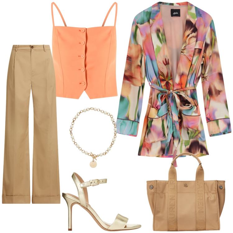 Outfit donna - Un top arancio. Stile Trendy per Tutti i giorni. Abbinamento con canottiere, kimono, borse tote, pantaloni, collane, sandali in pelle.