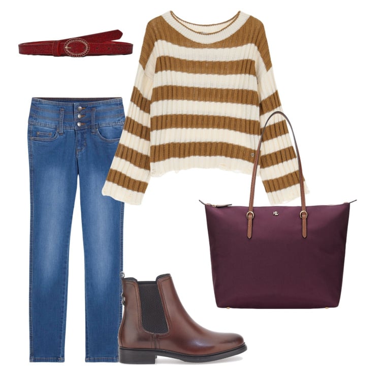 Outfit donna - Total look #2216765. Stile Casual chic per Tutti i giorni. Abbinamento con jeans, cinture, maglieria, borse tote, stivaletti.