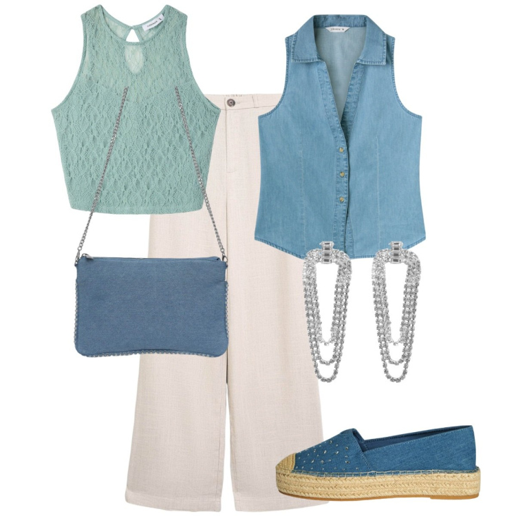 Outfit donna - Un posto vicino al mare!. Stile Chic per Tutti i giorni. Abbinamento con top, espadrillas, borse a tracolla, orecchini, camicie, pantaloni.