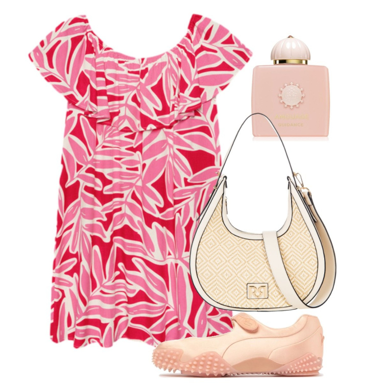 Outfit donna - In centro. Stile Trendy per Tutti i giorni. Abbinamento con profumi, borse a mano, vestiti corti, ballerine.