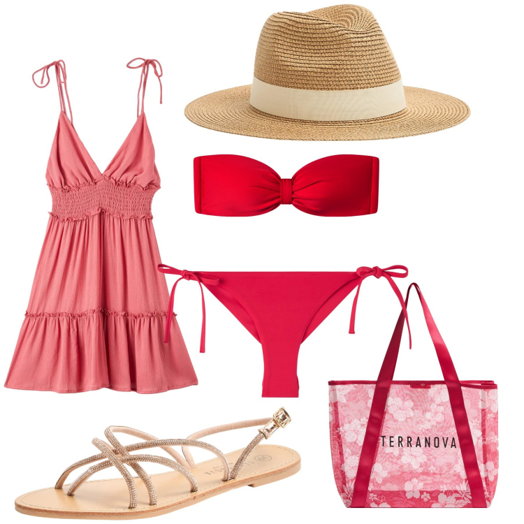Outfit donna - Pronta per il mare. Stile Glamour per Tutti i giorni. Abbinamento con vestiti corti, sandali, bikini, cappelli, shopping bag, bikini.