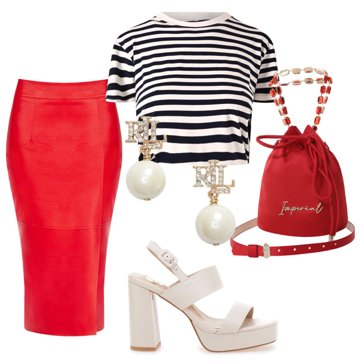 Outfit donna - Nautical stile. Stile Glamour per Serata fuori. Abbinamento con gonne longuette, t-shirt, borse a secchiello, orecchini, sandali col tacco.
