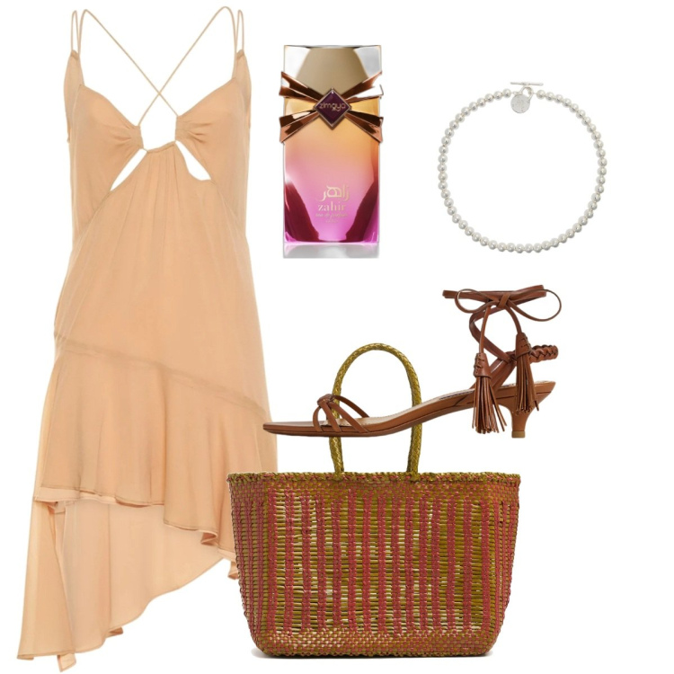 Outfit donna - Agosto. Stile Chic per Serata fuori. Abbinamento con profumi, collane, sandali col tacco, vestiti, shopping bag.