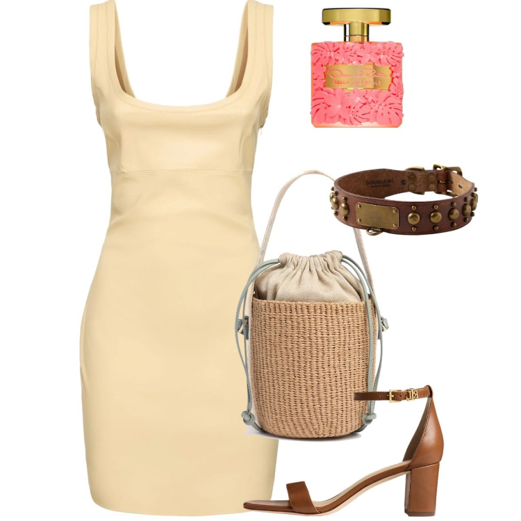 Outfit donna - Agosto. Stile Chic per Tutti i giorni. Abbinamento con profumi, sandali in pelle, anelli, vestiti, borse a secchiello.