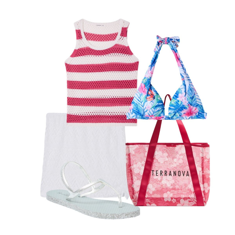 Outfit donna - Il top a rete. Stile Vintage retrò per Mare. Abbinamento con sandali, shopping bag, top, bikini, minigonne.