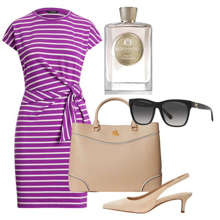 Outfit donna - In città. Stile Bon Ton per Tutti i giorni. Abbinamento con profumi, vestiti, occhiali da sole, décolleté, borse a mano.