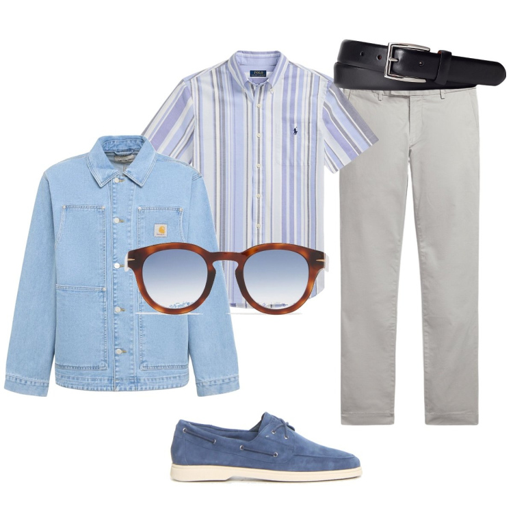 Outfit uomo - Con la giacca in denim. Stile Casual per Tutti i giorni. Abbinamento con cinture, camicie, pantaloni chino, occhiali da sole, scarpe stringate, giacche.