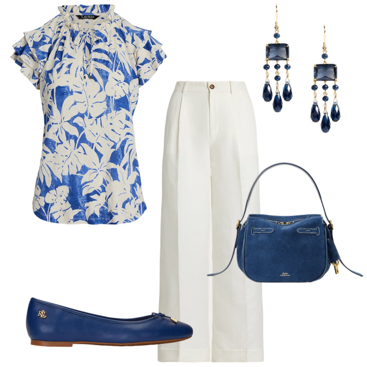 Outfit donna - Bianco e blu. Stile Chic per Tutti i giorni. Abbinamento con borse a mano, ballerine, pantaloni, top, orecchini.