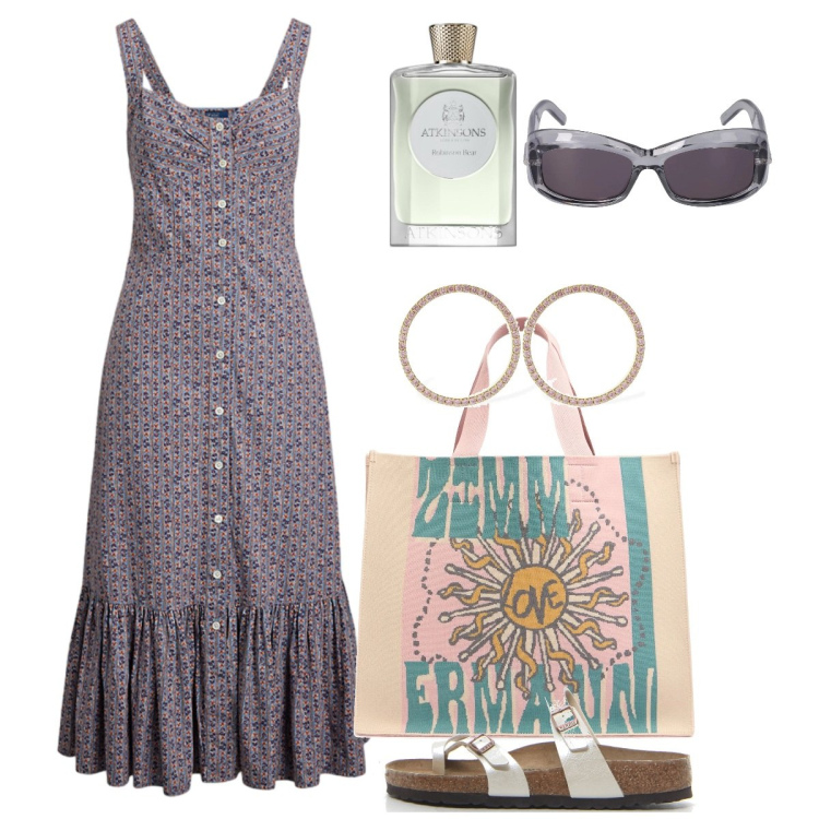 Outfit donna - Pomeriggio tranquillo. Stile Bon Ton per Tutti i giorni. Abbinamento con profumi, vestiti, infradito, orecchini, shopping bag, occhiali da sole.