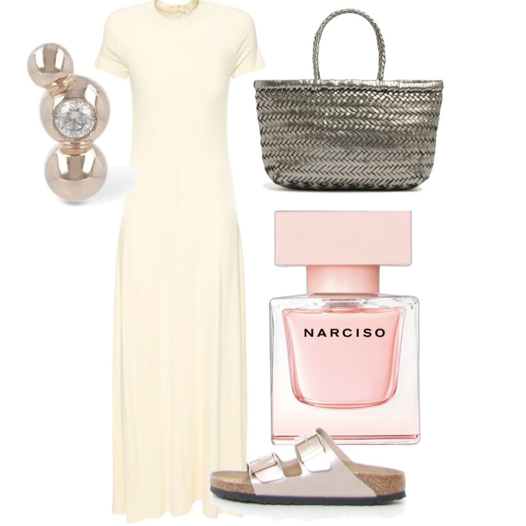Outfit donna - Light. Stile Minimal per Tutti i giorni. Abbinamento con profumi, vestiti, orecchini, ciabatte, borse a mano.