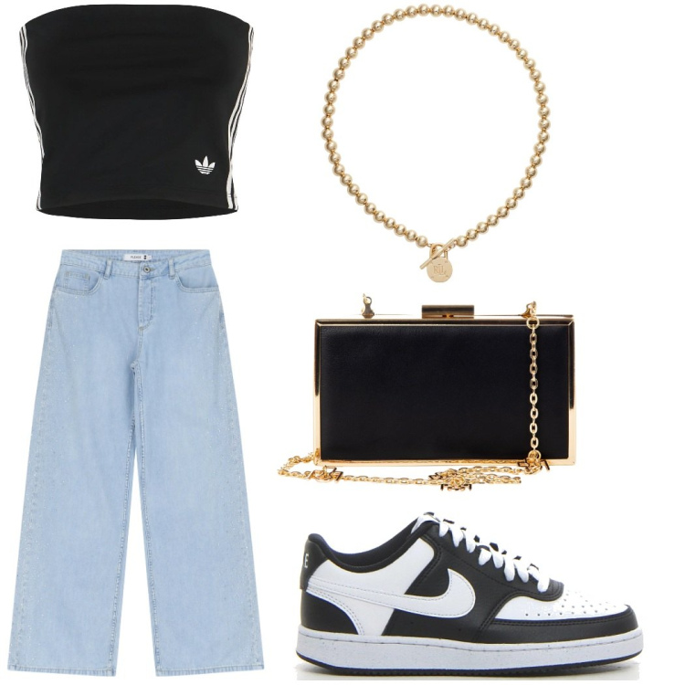 Outfit donna - Total look #2216851. Stile Casual per Tutti i giorni. Abbinamento con pochette, jeans, collane, sneakers, top.