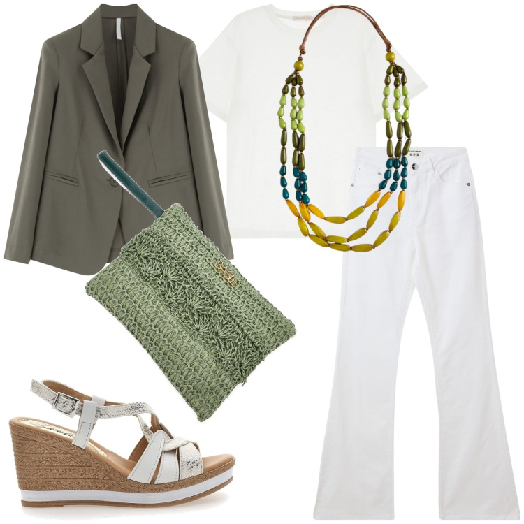 Outfit donna - Total look #2216860. Stile Casual chic per Tutti i giorni. Abbinamento con jeans a zampa, t-shirt, blazer, collane, zeppe, pochette.