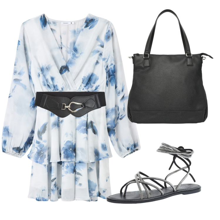 Outfit donna - Abito a fiori. Stile Trendy per Serata fuori. Abbinamento con sandali alla schiava, shopping bag, vestiti, cinture.